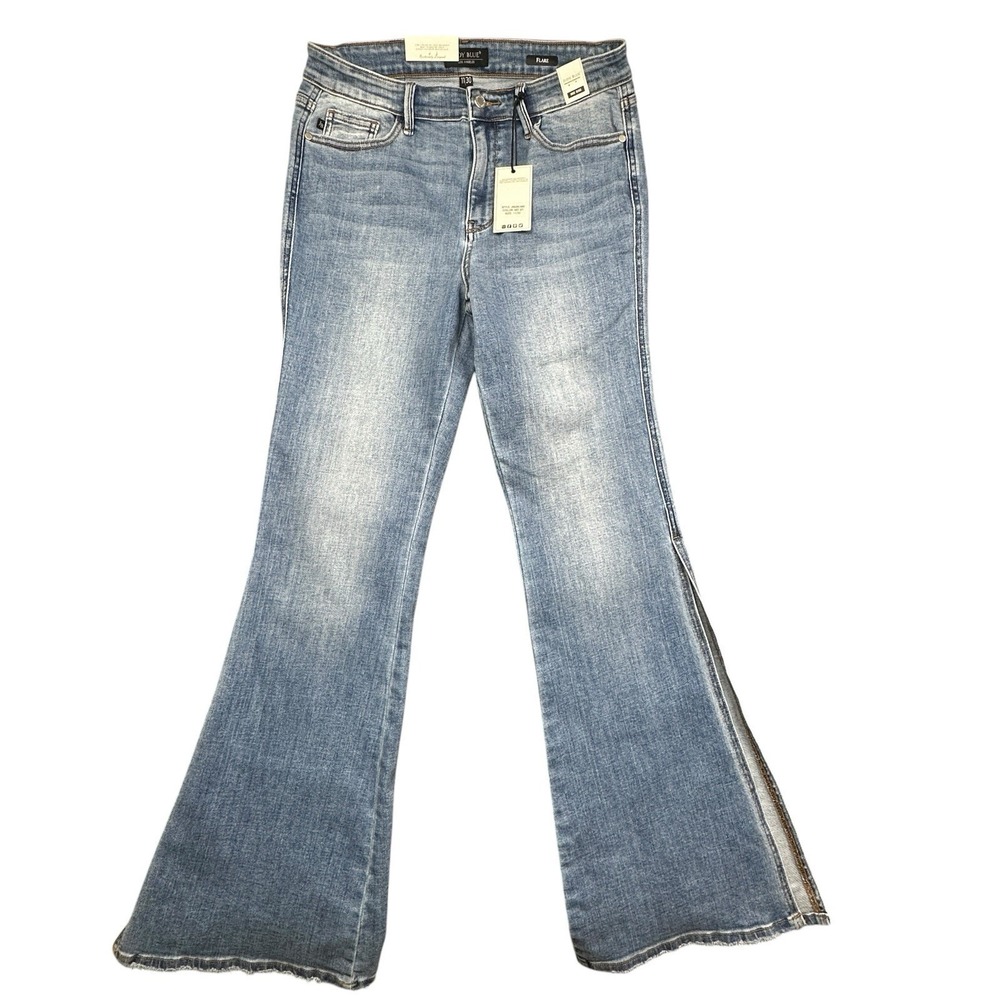 Judy Blue Flare Jeans 30Wx33L Inch Blue Slit Split Leg Bell Bottom Mid Rise NWT